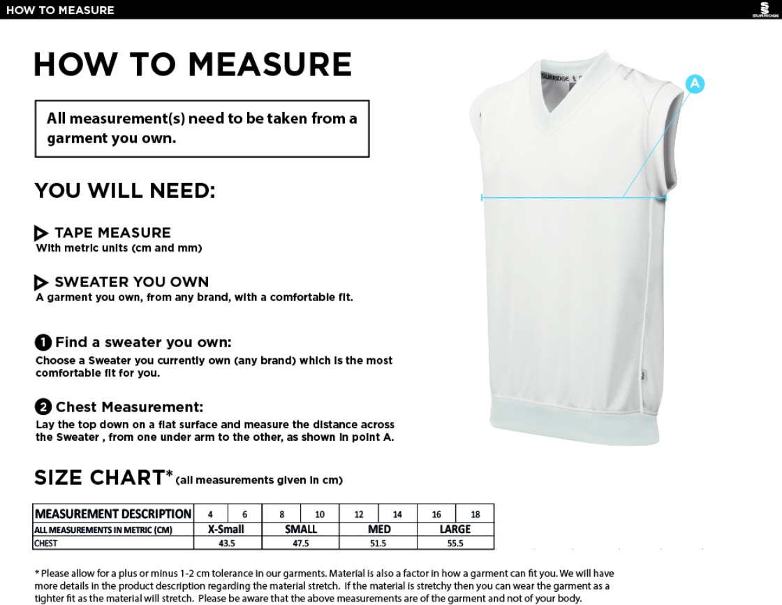 Haslingden CC - Juniors Blast Sleeveless Sweater - Girl's Fit - Size Guide