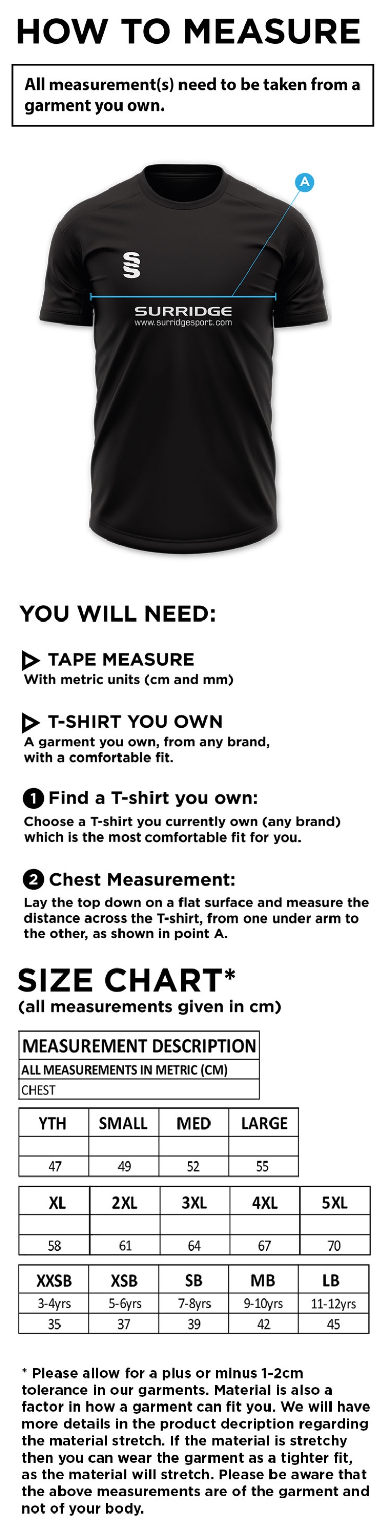 Haslingden CC - Dual T-Shirt - Size Guide