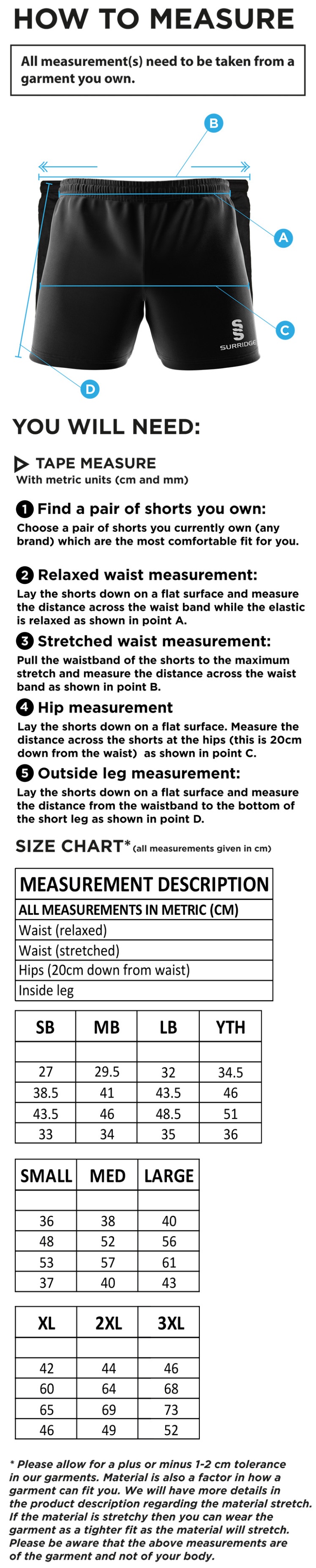 Haslingden CC - Shorts - Size Guide