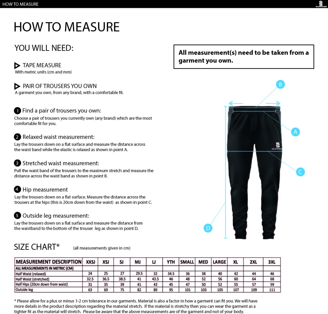 Haslingden CC - Dual Skinny Pants - Size Guide