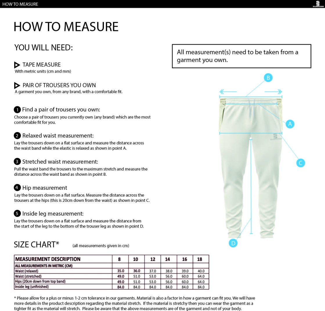 HASLINGDEN CC Ergo Playing Women`s Pant - Size Guide