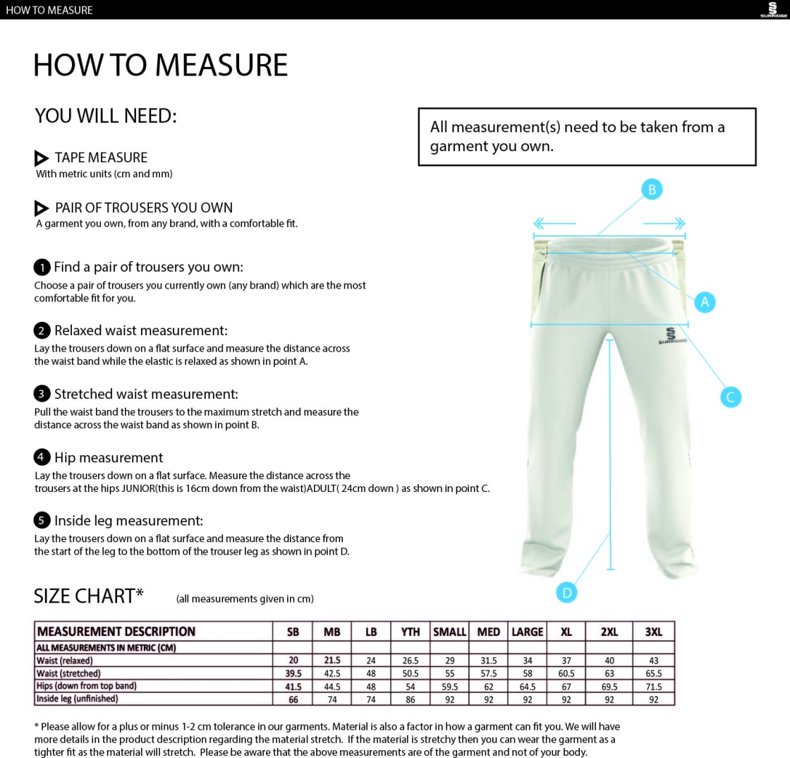 Haslingden CC - Standard Playing Pant - Size Guide