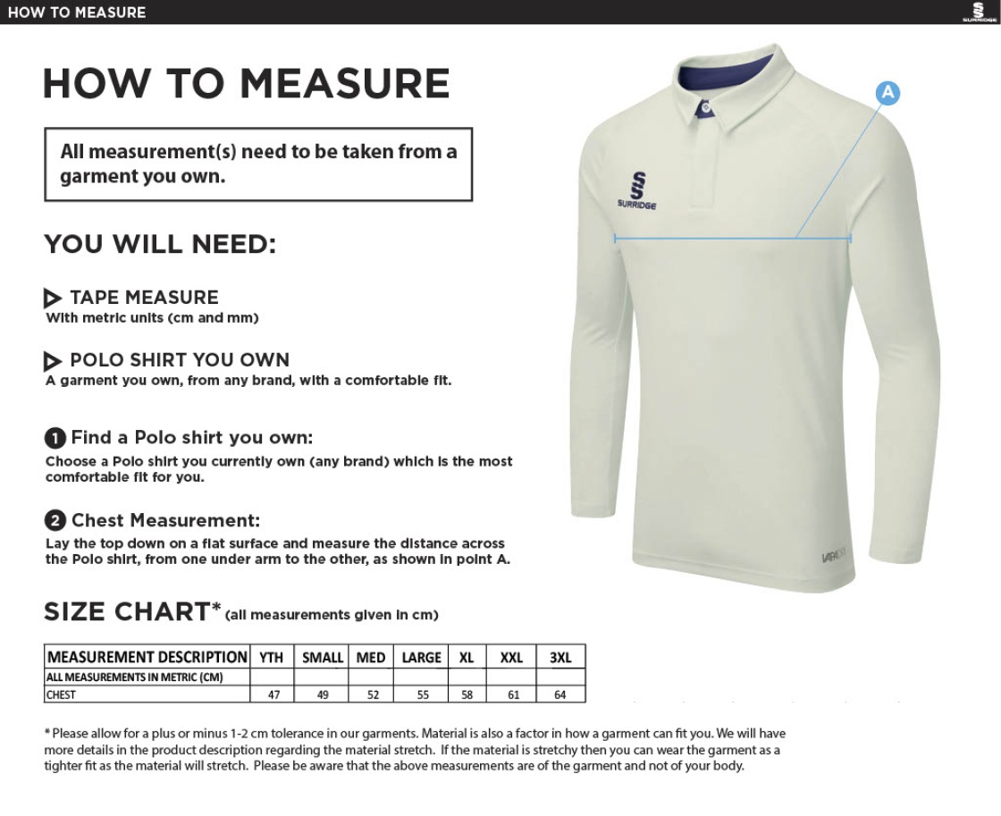 Haslingden CC - Seniors Dual Long Sleeve maroon Trim Shirt - Size Guide
