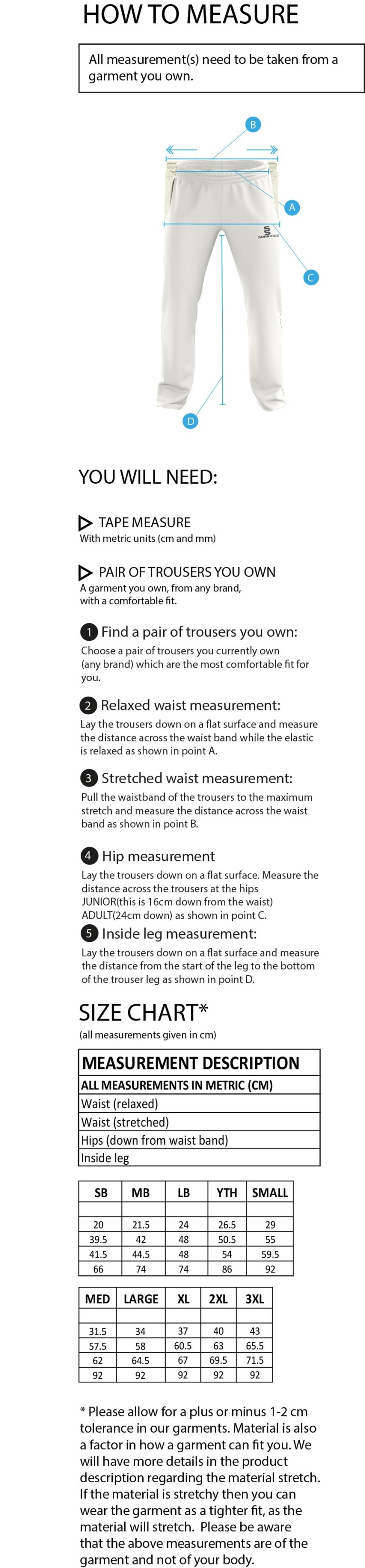 Haslingden CC - Standard Playing Pant - Size Guide