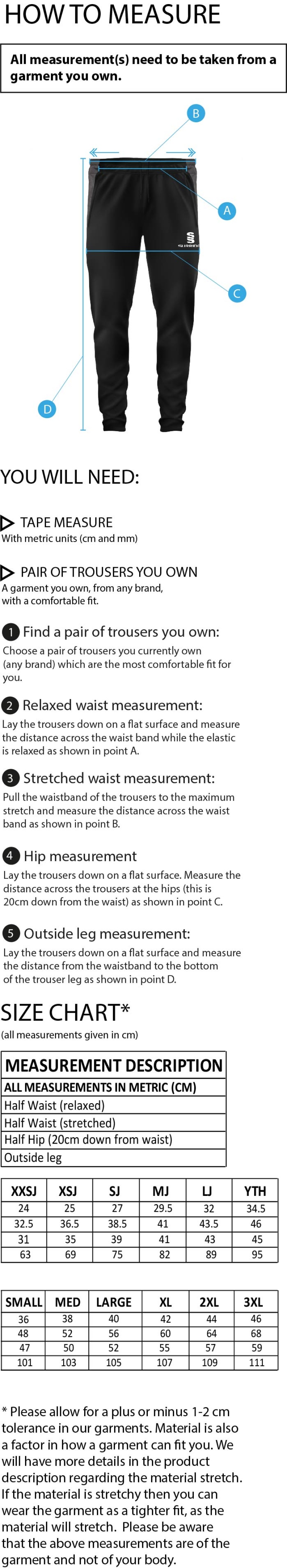 Haslingden CC - Dual Skinny Pants - Size Guide