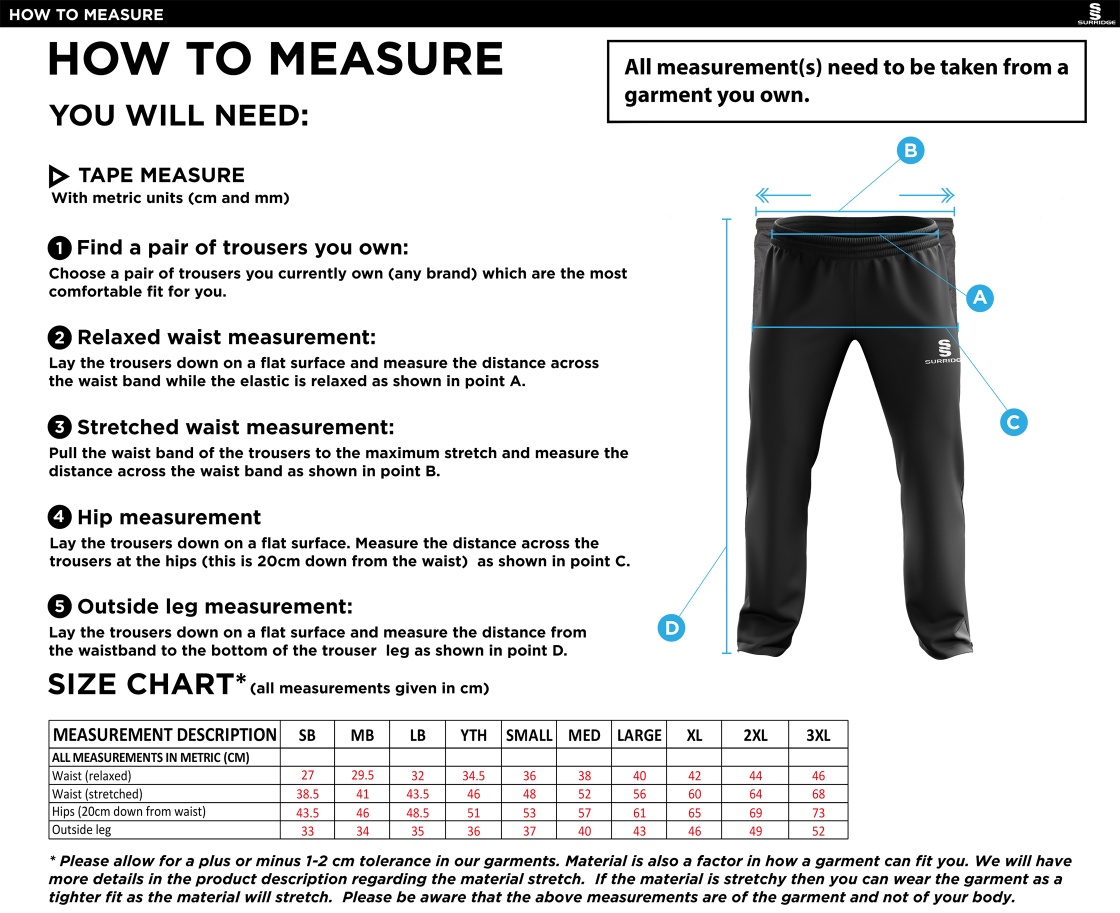 HASLINGDEN CC Rip Stop Track Pant : Navy - Size Guide