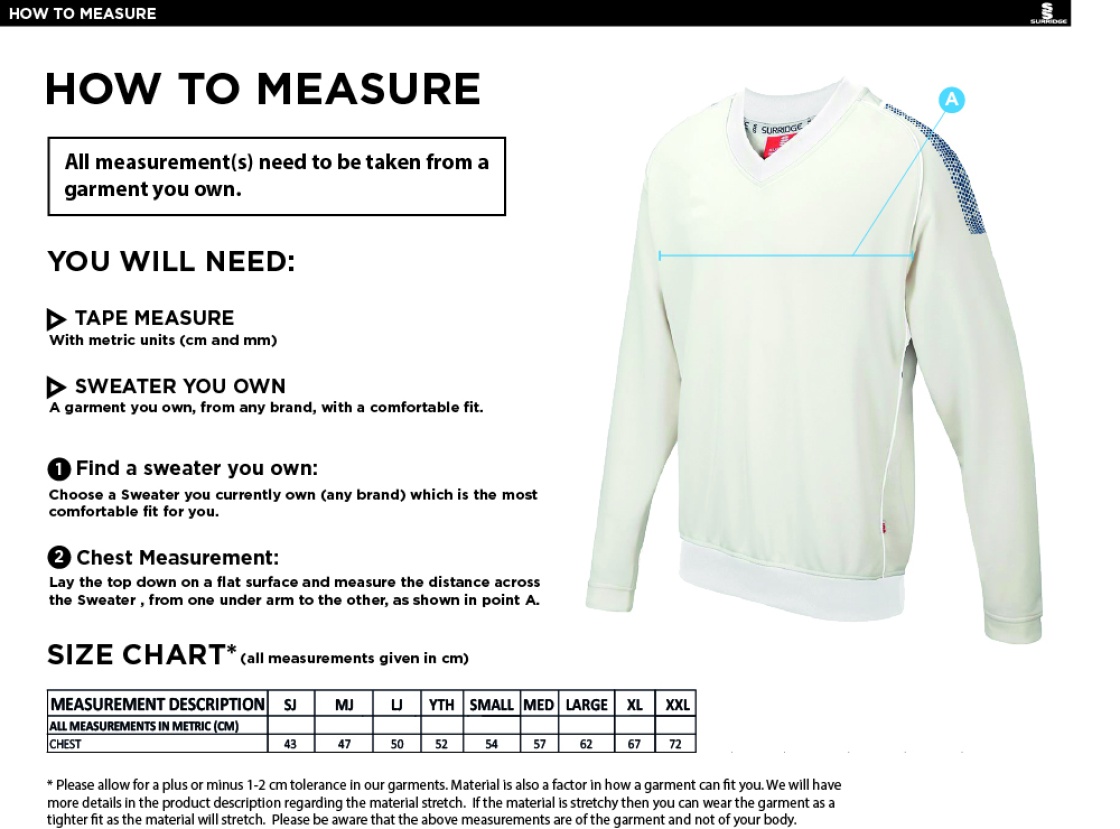 Haslingden CC - Seniors Long Sleeve Sweater Maroon Trim - Size Guide