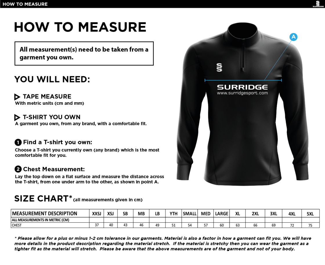 Haslingden CC - 1/4 Zip Dual Performance Top - Size Guide