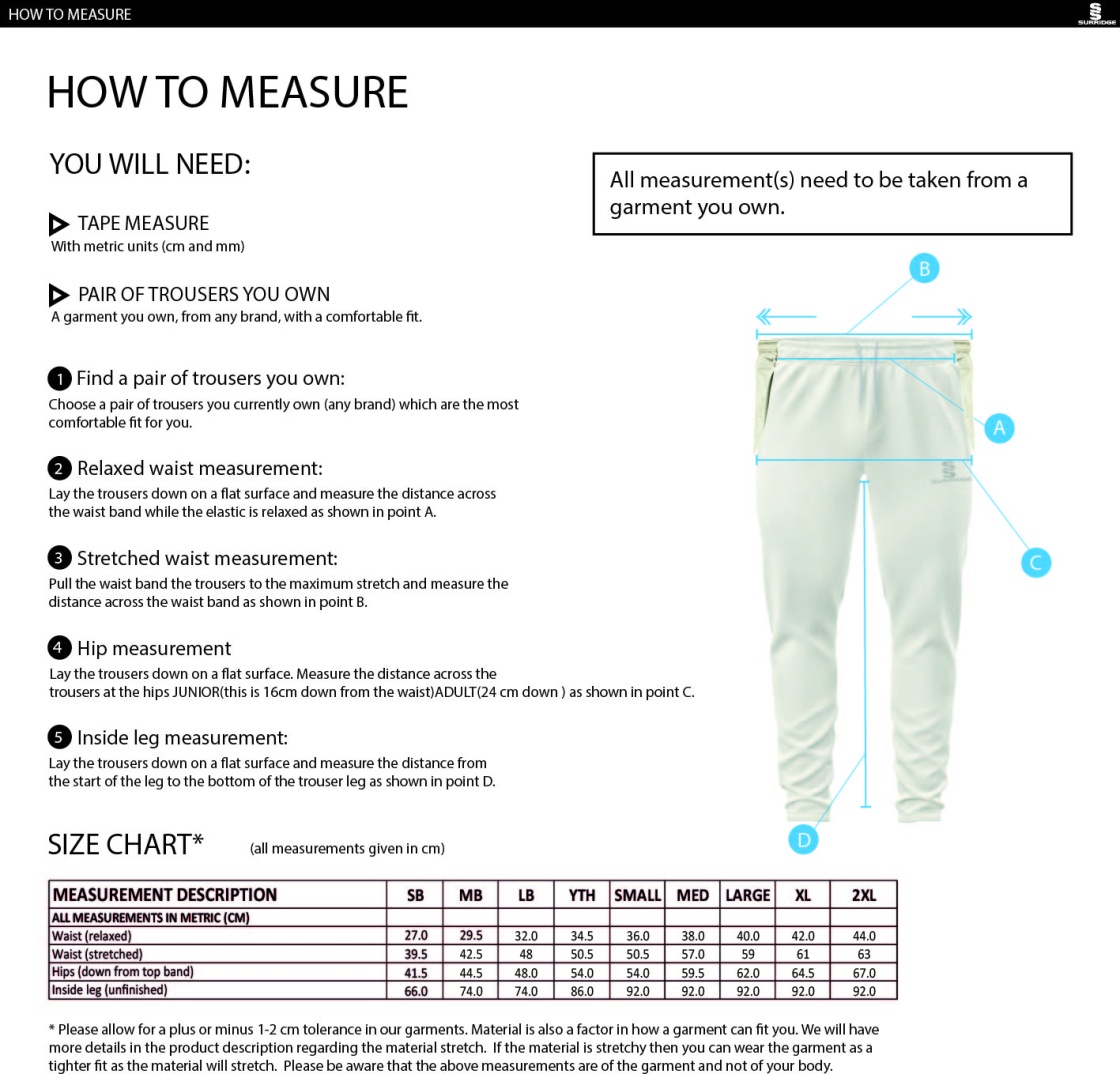 Haslingden CC - Tek Playing Pant - Size Guide