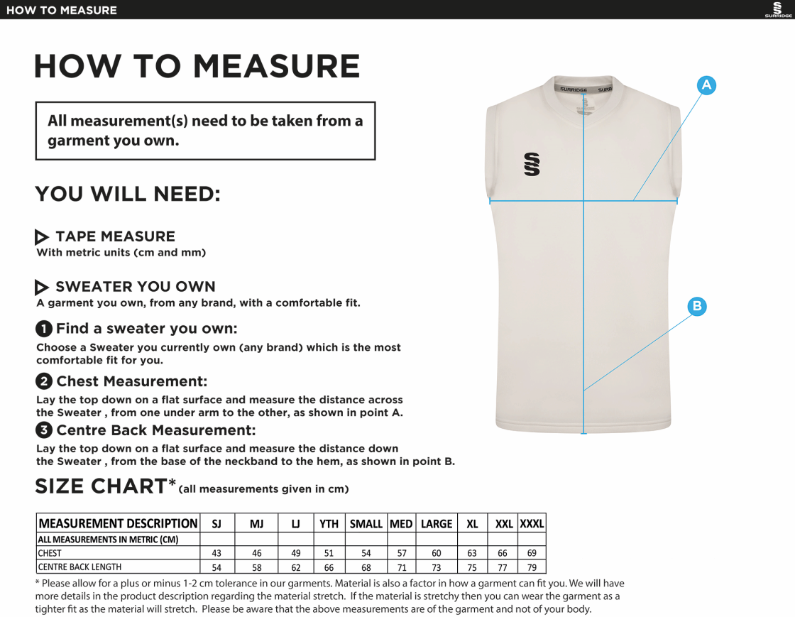 Haslingden CC - Juniors Blast Sleeveless Sweater - Size Guide