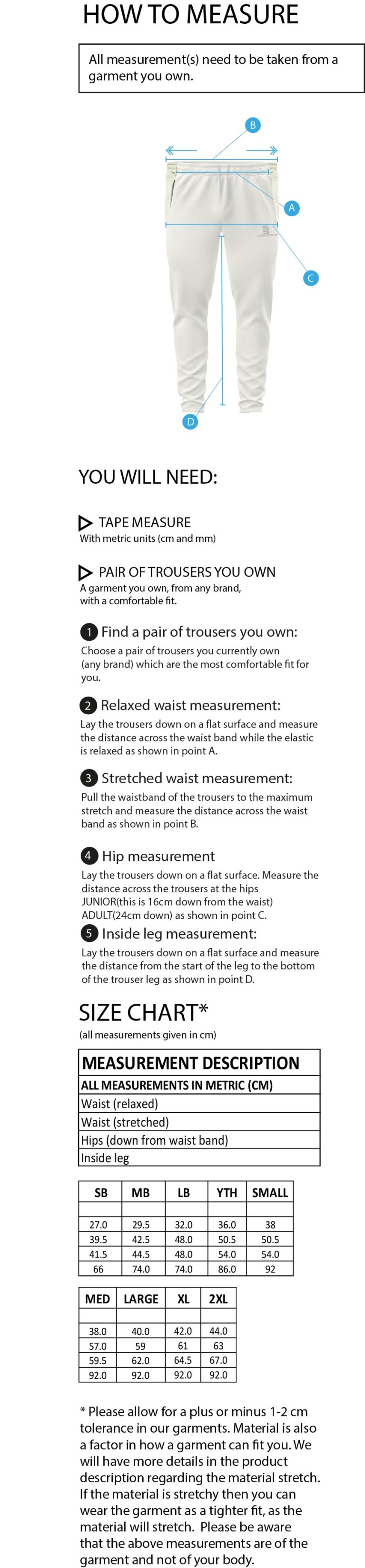 Haslingden CC - Tek Playing Pant - Size Guide