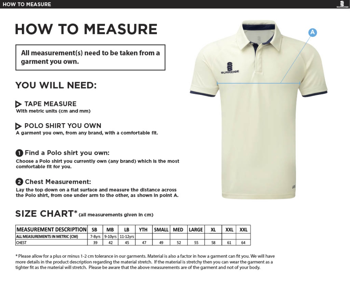 Haslingden CC - Seniors Dual Short Sleeve Maroon Trim Shirt - Size Guide