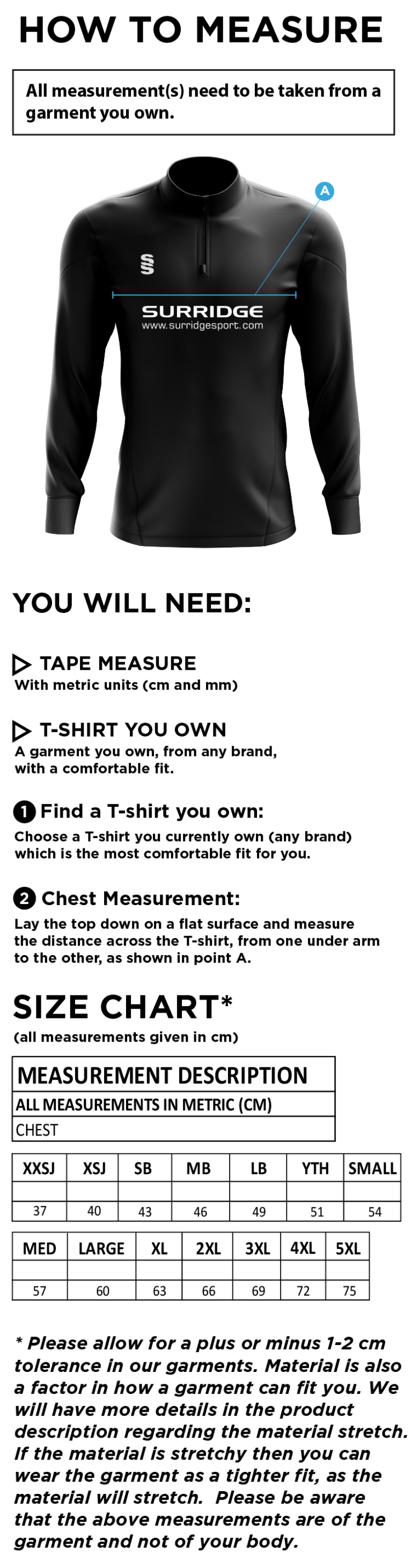 Haslingden CC - Dual Mid-layer - Size Guide