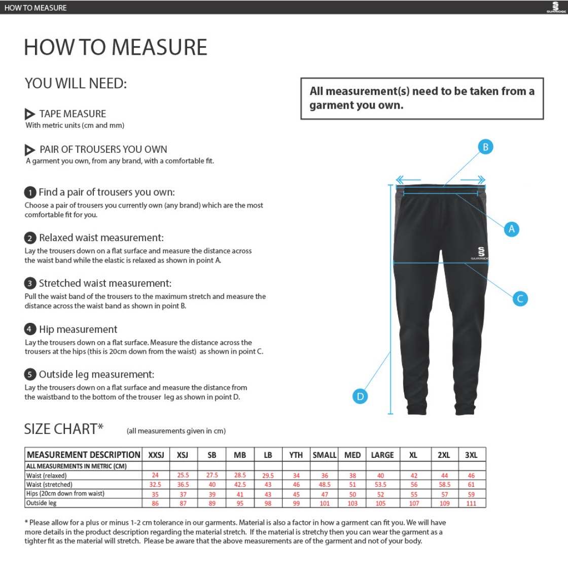 Haslingden CC - Dual Skinny Pants - Size Guide